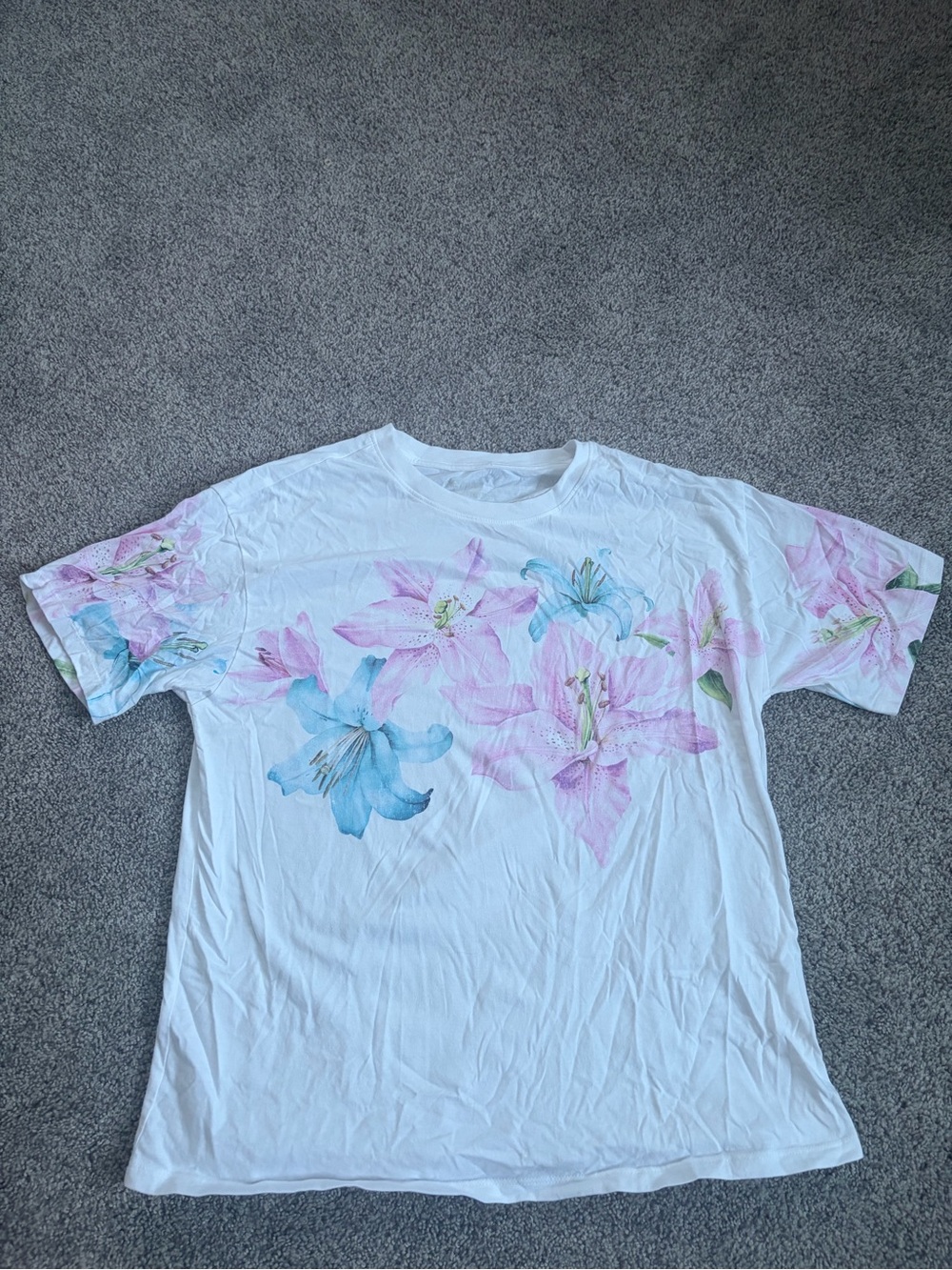T.J.Maxx White Short Sleeve Tee with Pink & Blue Floral Print
